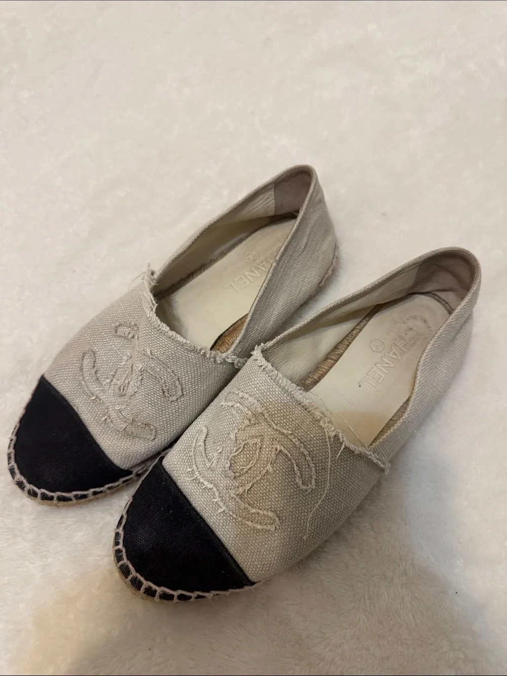CHANEL Two-Tone Canvas Espadrilles in Beige and Black